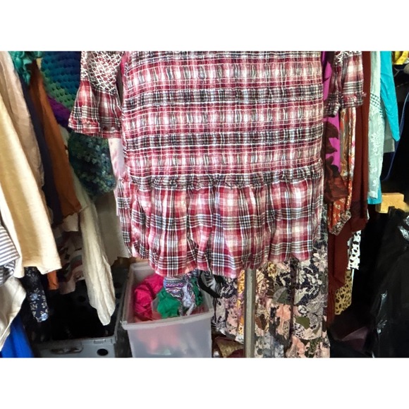 Pilcro Anthropologie Plaid Smocked Mini Dress Red Blue Off Shoulder Sz S Prarie - Picture 3 of 10